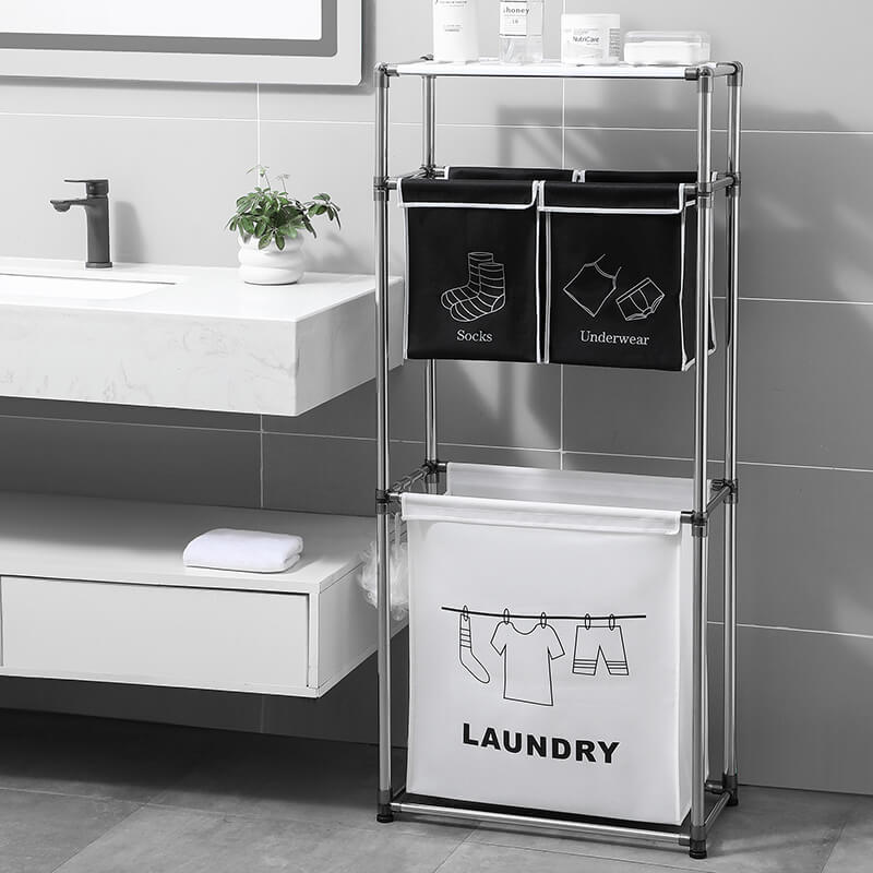 Side angle of the stylish laundry hamper with hooks for added convenience, perfect for any bathroom.
