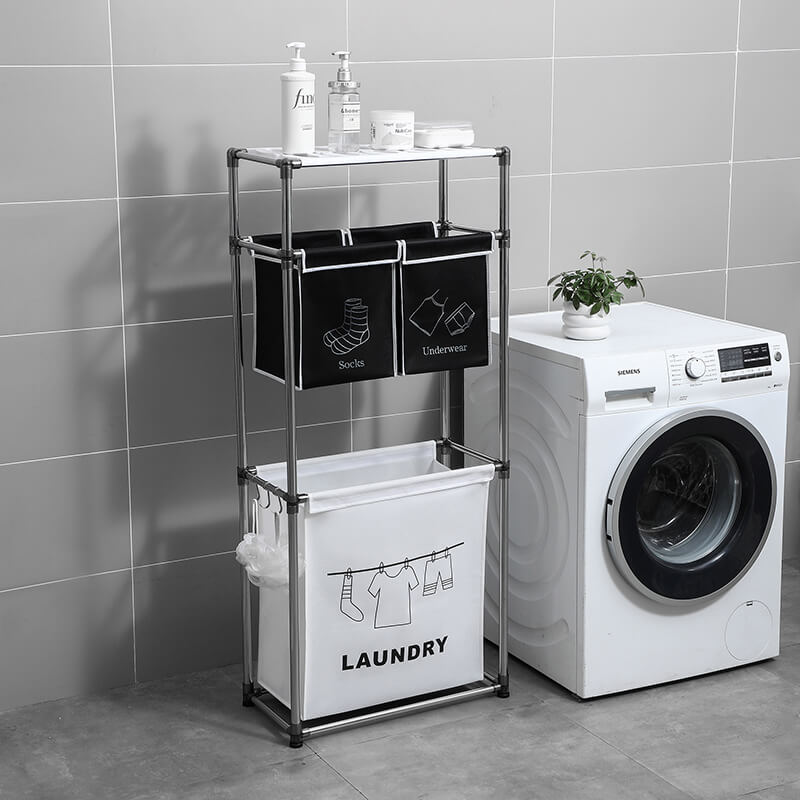 Front view of the sleek modern laundry organizer showcasing its removable bags and top shelf.
