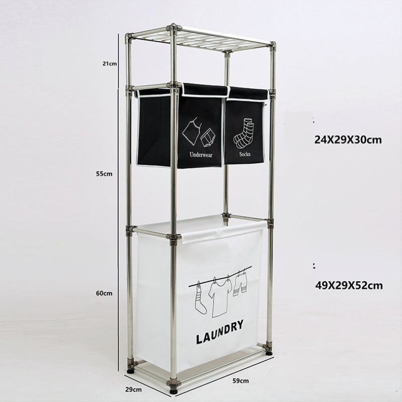 Front view of the sleek modern laundry organizer showcasing its removable bags and top shelf.