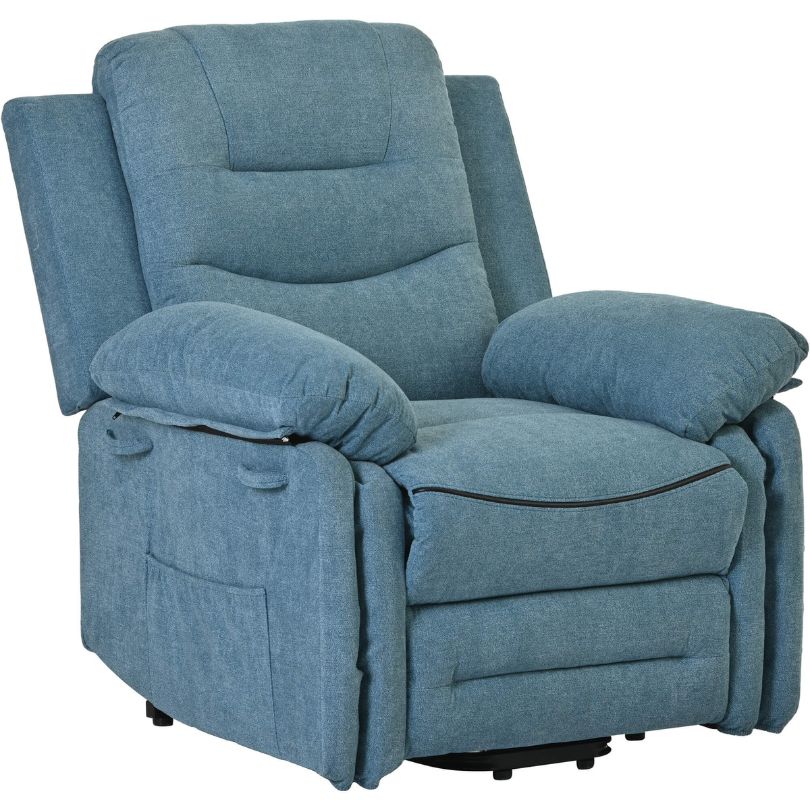 User comfortably reclining in the Serenity Blue Power Lift Recliner Chair, demonstrating its infinite positions.