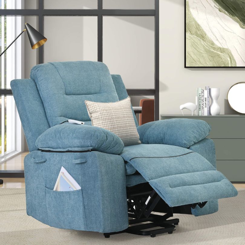 Close-up view of the adjustable heating feature on the Serenity Blue Power Lift Recliner Chair.