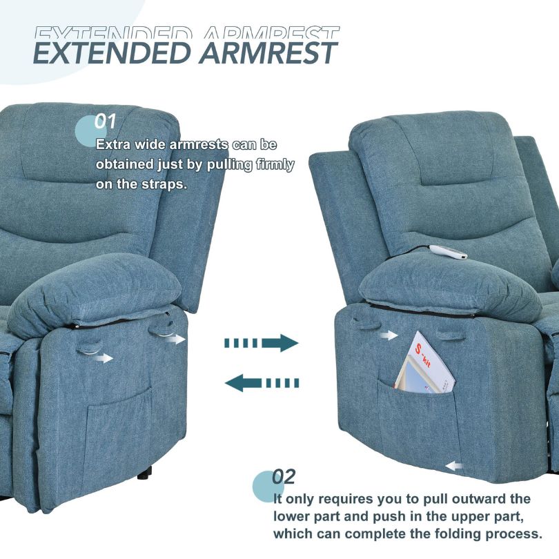 Serenity Blue Power Lift Recliner Chair showcasing its modern design and massage function.