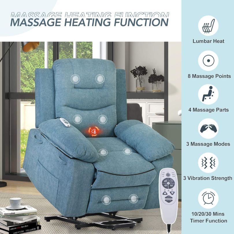 User comfortably reclining in the Serenity Blue Power Lift Recliner Chair, demonstrating its infinite positions.