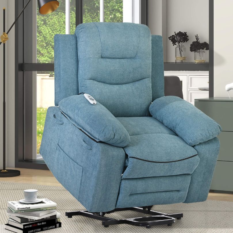 Serenity Blue Power Lift Recliner Chair showcasing its modern design and massage function.