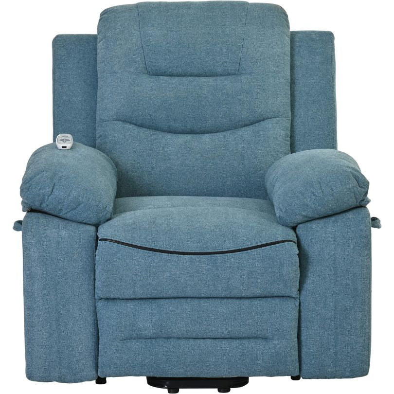 User comfortably reclining in the Serenity Blue Power Lift Recliner Chair, demonstrating its infinite positions.