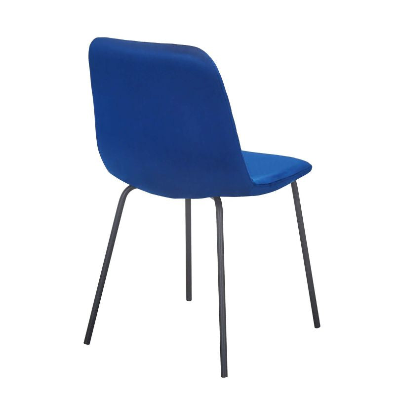 Front view of luxurious blue velvet dining chair showcasing its modern design and plush seating.