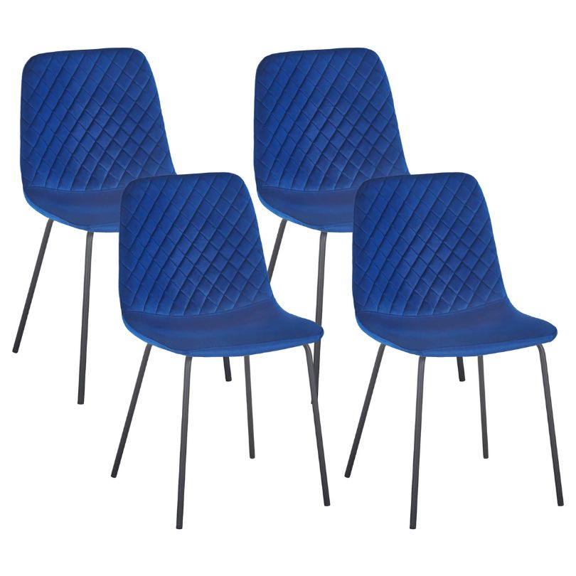 Front view of luxurious blue velvet dining chair showcasing its modern design and plush seating.