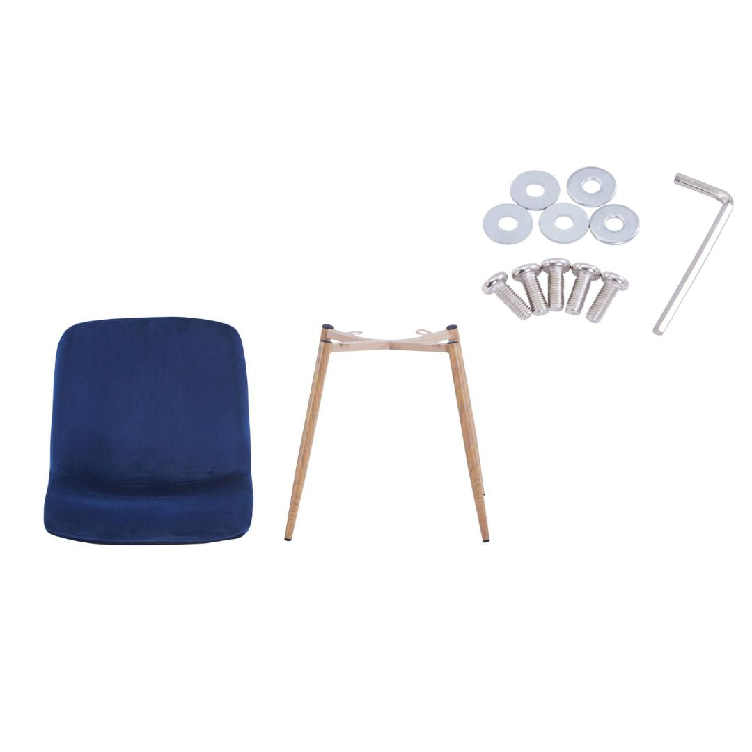 Close-up of the blue velvet chair fabric and legs, showcasing the quality materials used.