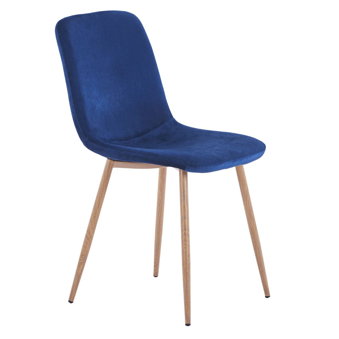 Close-up of the blue velvet chair fabric and legs, showcasing the quality materials used.