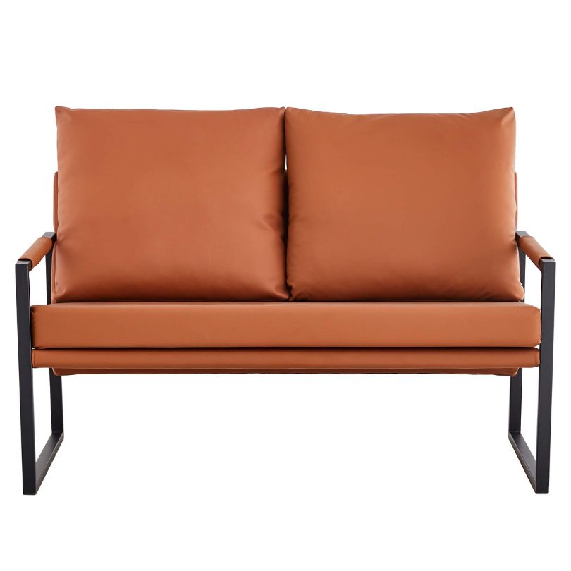 Side angle of the comfortable PU leather loveseat, highlighting the sleek metal frame.