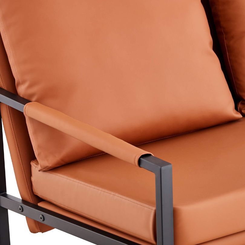 Side angle of the comfortable PU leather loveseat, highlighting the sleek metal frame.