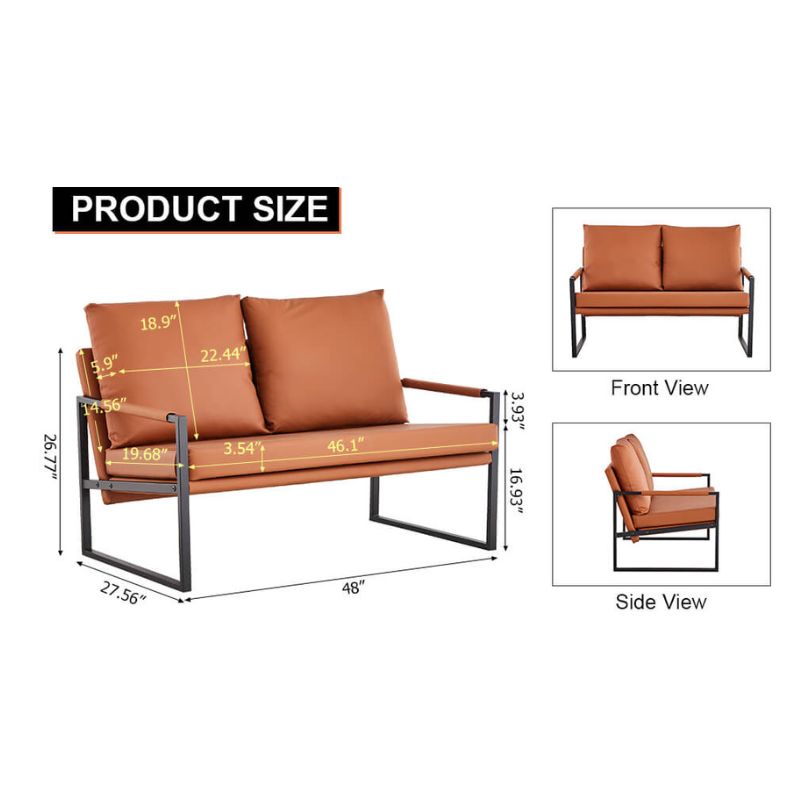 Side angle of the comfortable PU leather loveseat, highlighting the sleek metal frame.