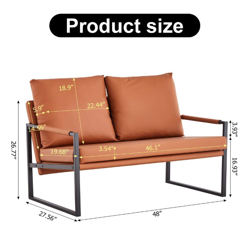 Front view of the chic brown PU leather sofa with pillows, showcasing its modern design.