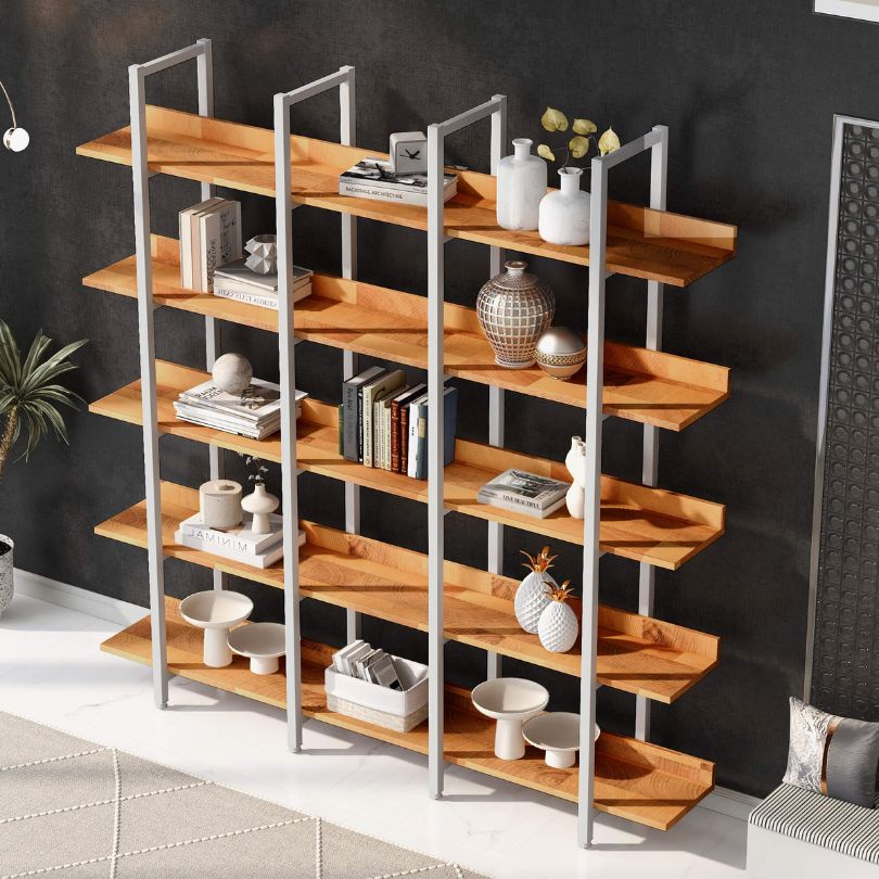 Front view of the chic modern bookshelf showcasing its 5 tiers and metal frame.