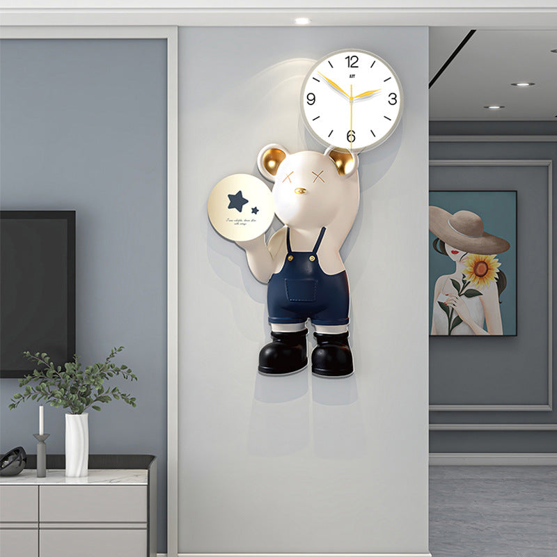 Trendy cartoon bear wall clock showcasing its vibrant colors and geometric design.