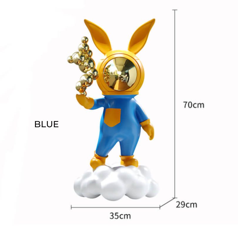 Charming cartoon rabbit resin statue placed in a cozy living room.