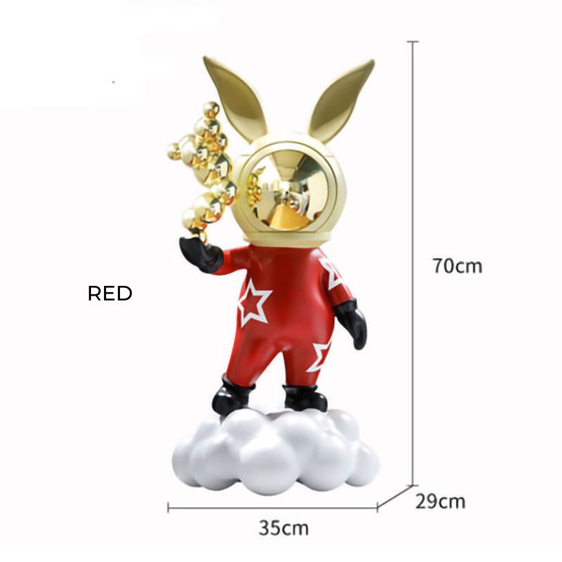 Modern rabbit resin statue showcasing vibrant colors on a shelf.