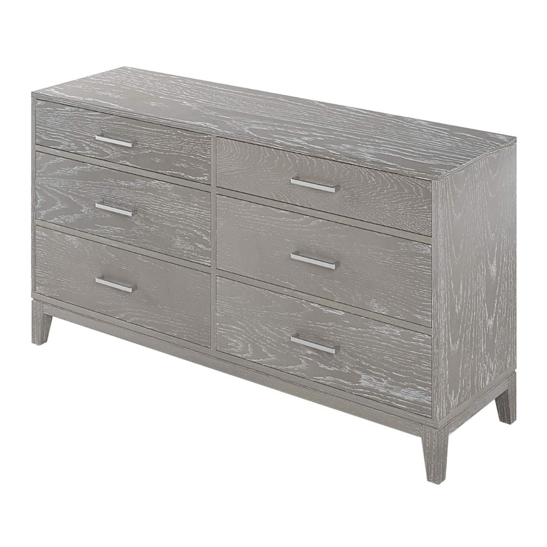 Front view of the sleek gray wood 6-drawer modern dresser showcasing its elegant design.