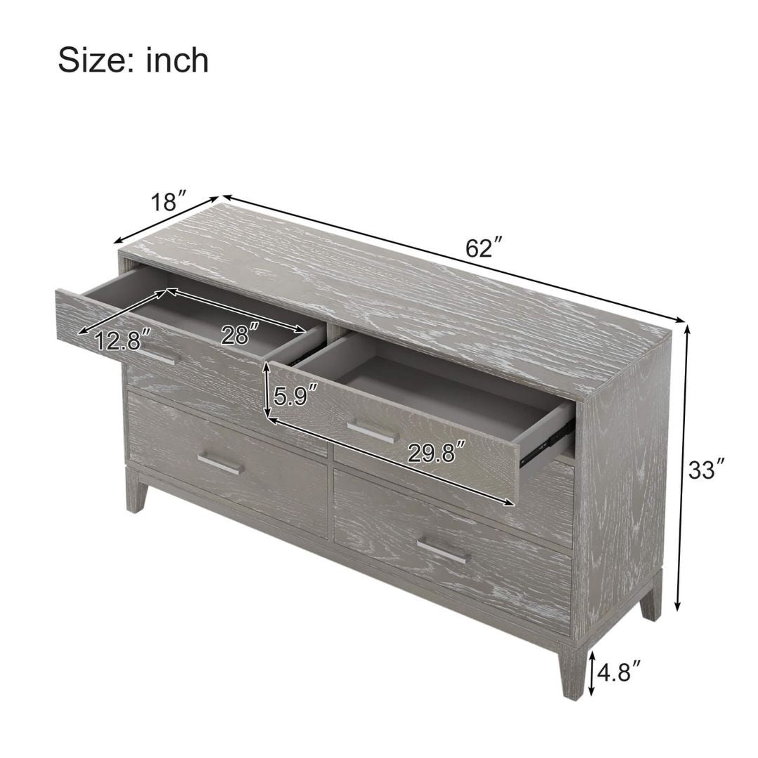 Front view of the sleek gray wood 6-drawer modern dresser showcasing its elegant design.