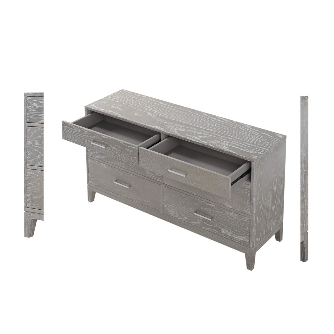 Side angle of the modern dresser with tapered legs, emphasizing its stylish profile.