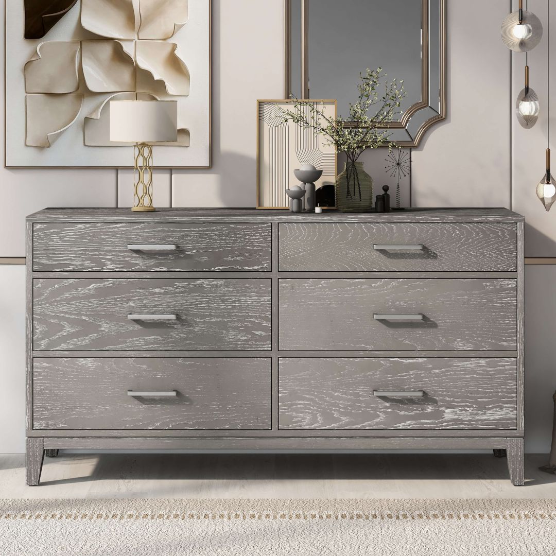 Front view of the sleek gray wood 6-drawer modern dresser showcasing its elegant design.