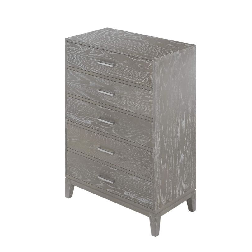 Close-up of grey wooden dresser showing textured finish and modern drawer handles