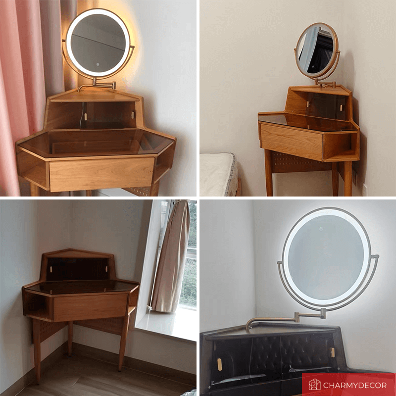 Elegant corner dressing table showcasing the lighted mirror and organized cosmetics.