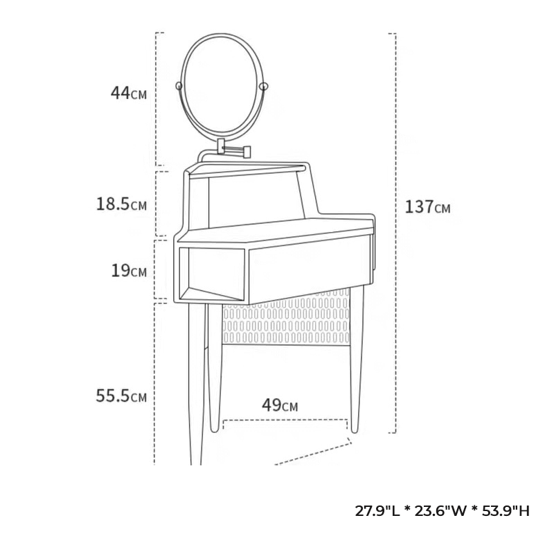 Close-up of the lighted mirror and drawer of the corner vanity, perfect for daily beauty routines.