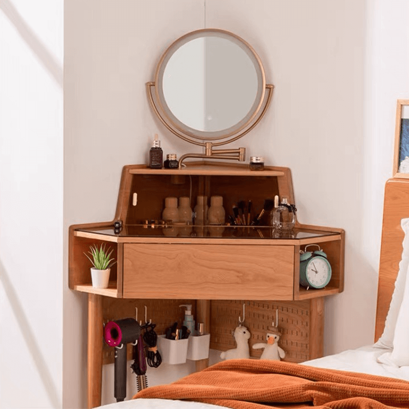Elegant corner dressing table showcasing the lighted mirror and organized cosmetics.