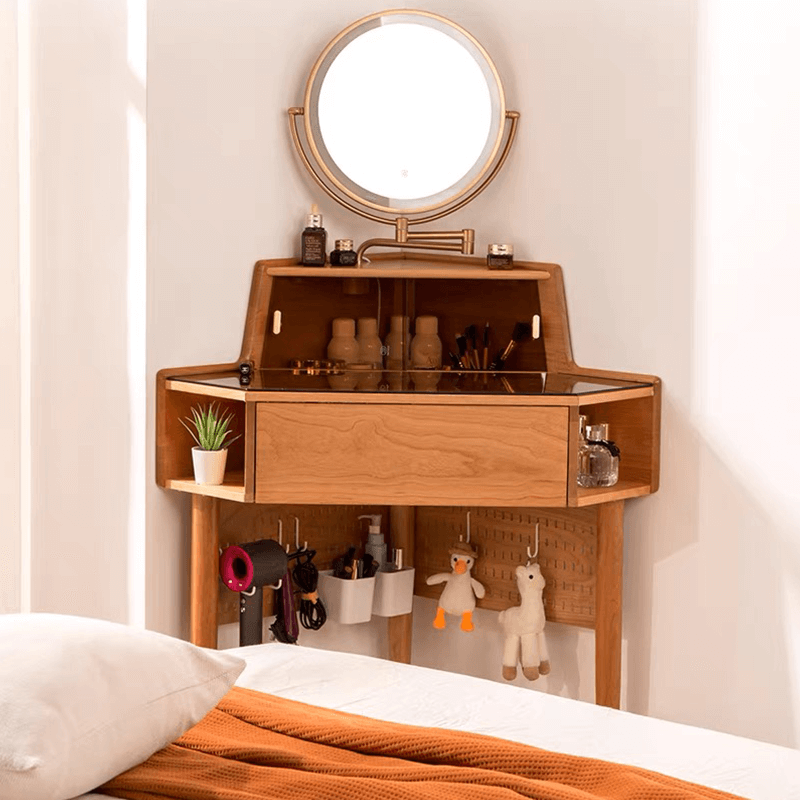 Spacious desktop of the modern vanity table, highlighting its stylish design and storage features.