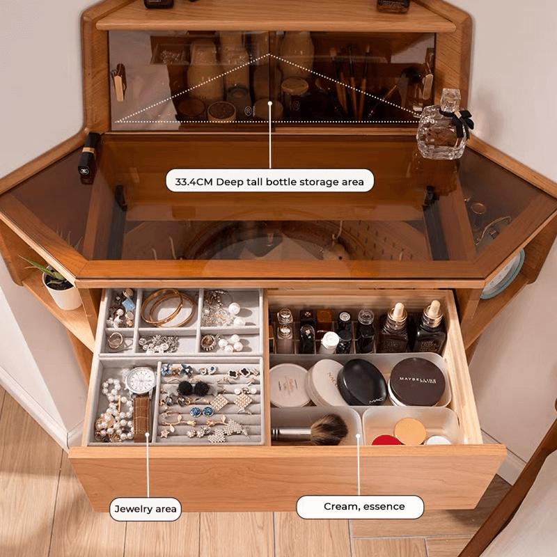 Elegant corner dressing table showcasing the lighted mirror and organized cosmetics.