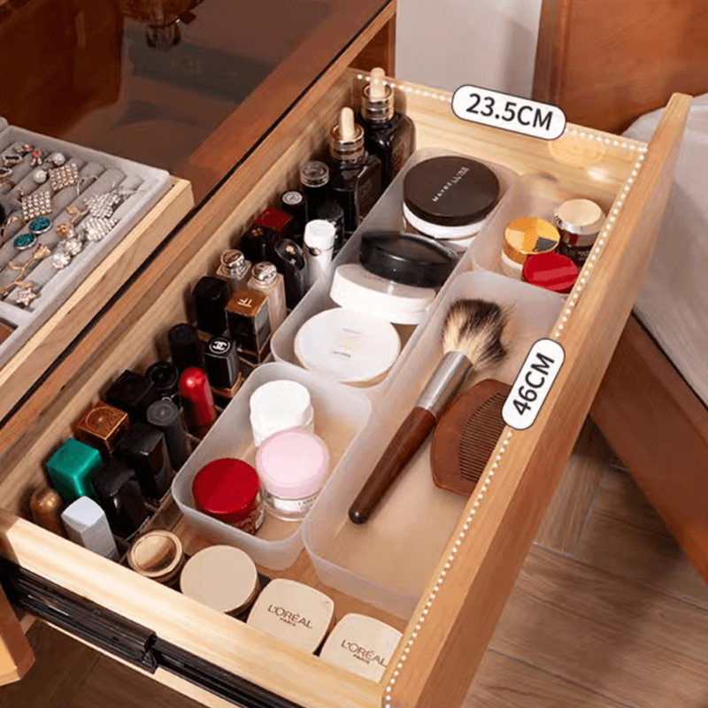 Spacious desktop of the modern vanity table, highlighting its stylish design and storage features.