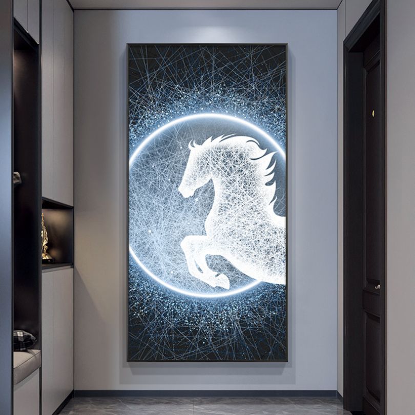 LED horse wall art displayed in a cozy bedroom, enhancing the ambiance with its enchanting glow.