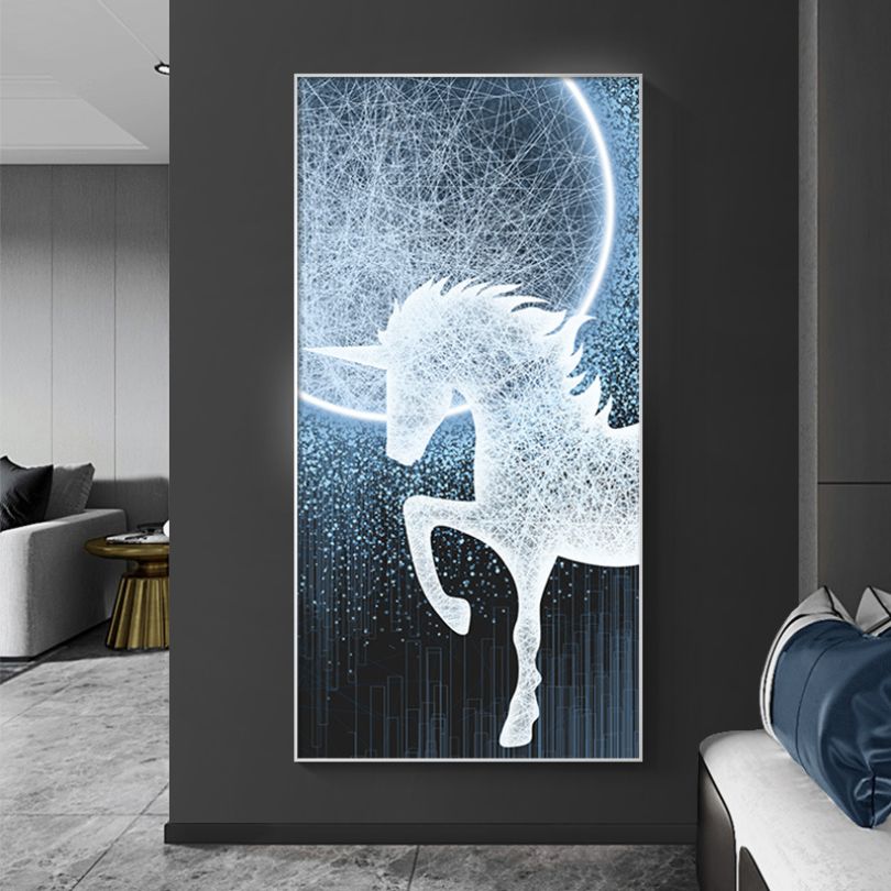 Illuminated horse wall art showcasing vibrant colors and LED lights in a modern living room.