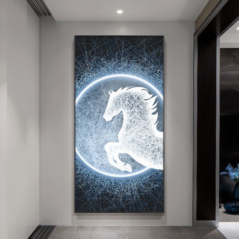 Close-up view of unique horse art with LED light, highlighting the intricate details and craftsmanship.