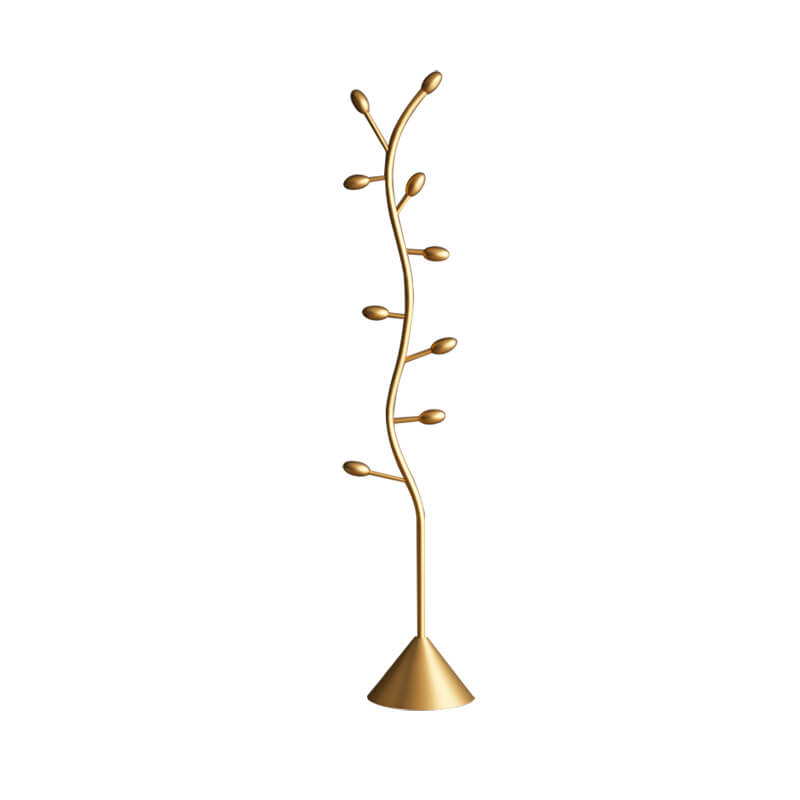 The Gold Spiral Abstract Coat Rack placed in a modern living room, demonstrating its aesthetic appeal.
