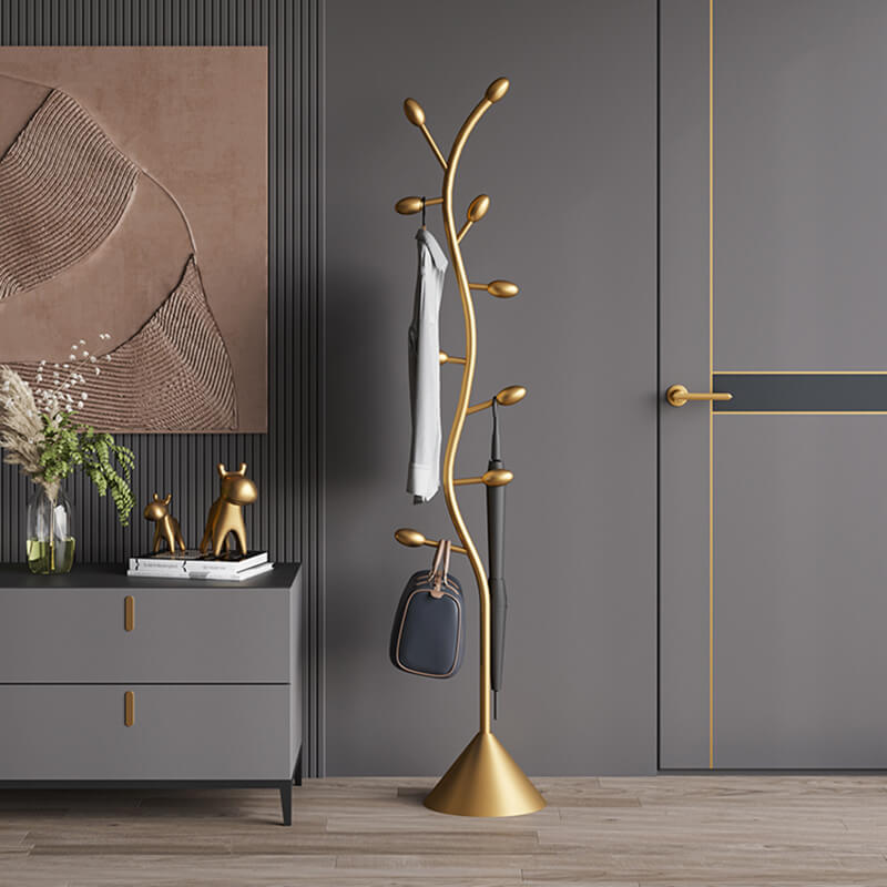 Close-up of the 9 hooks on the Gold Spiral Abstract Coat Rack, perfect for organizing coats and accessories.