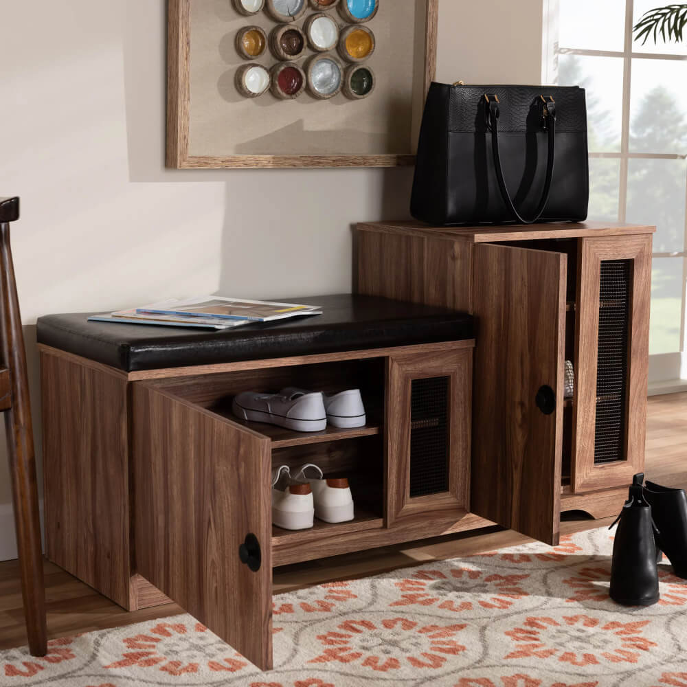 Front view of shoe bench with faux leather seat and oak finish cabinet