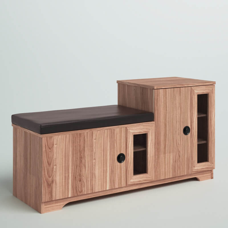 Front view of shoe bench with faux leather seat and oak finish cabinet