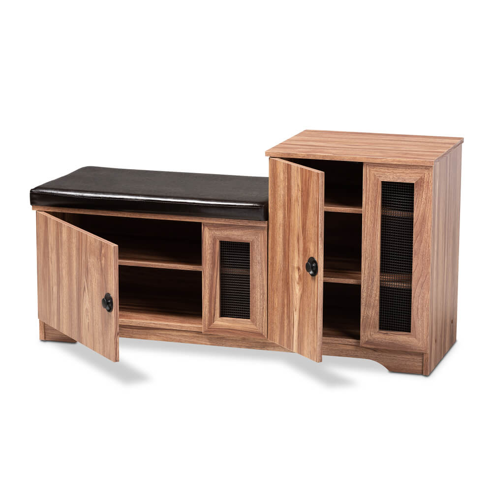 Shoe bench in entryway setting holding boots, bags, and decorative items