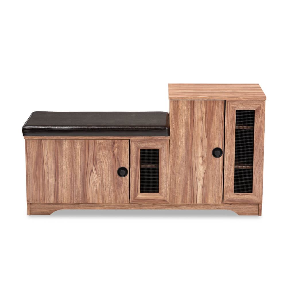 Front view of shoe bench with faux leather seat and oak finish cabinet