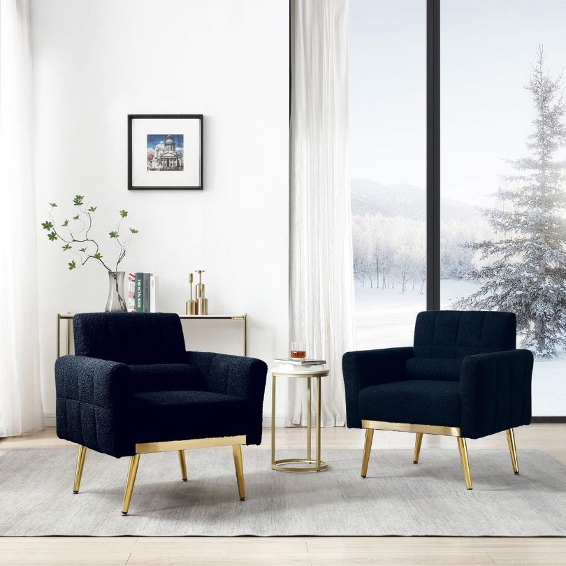 Elegant dark blue teddy accent chair from the side, showcasing its plush finish and gold metal legs.