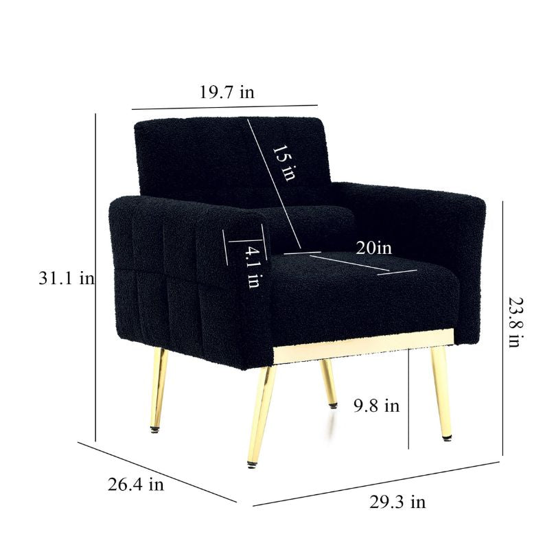 Elegant dark blue teddy accent chair from the side, showcasing its plush finish and gold metal legs.