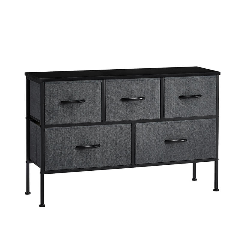 Sleek modern dark gray dresser with five spacious drawers, ideal for bedroom use.