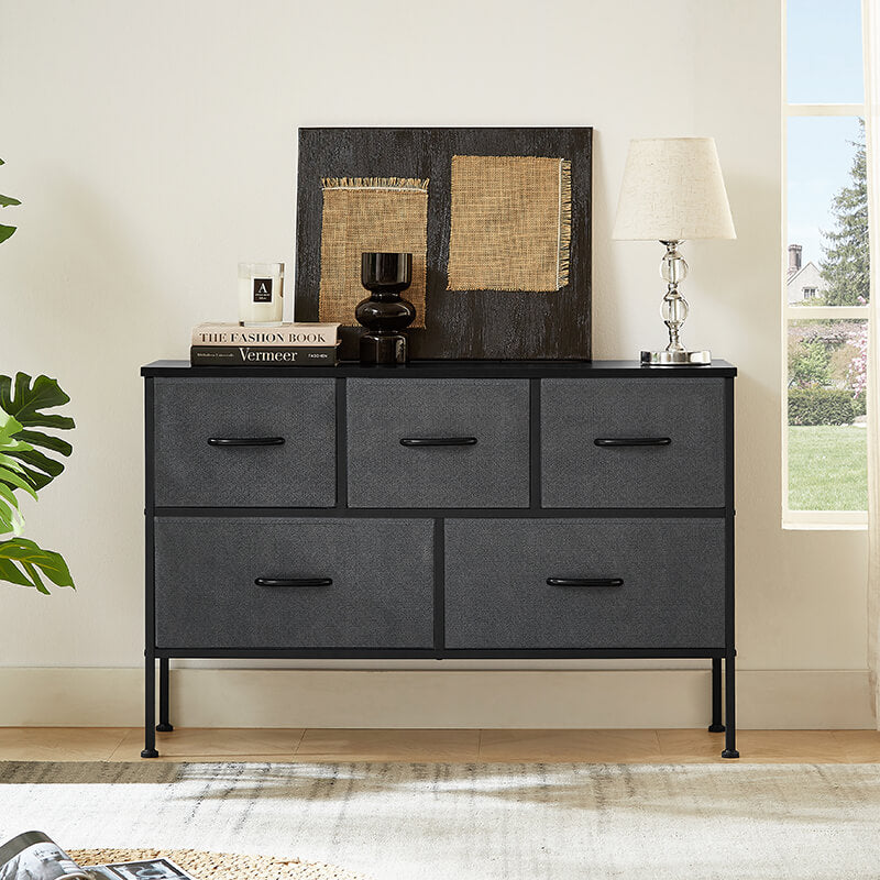 Sleek modern dark gray dresser with five spacious drawers, ideal for bedroom use.