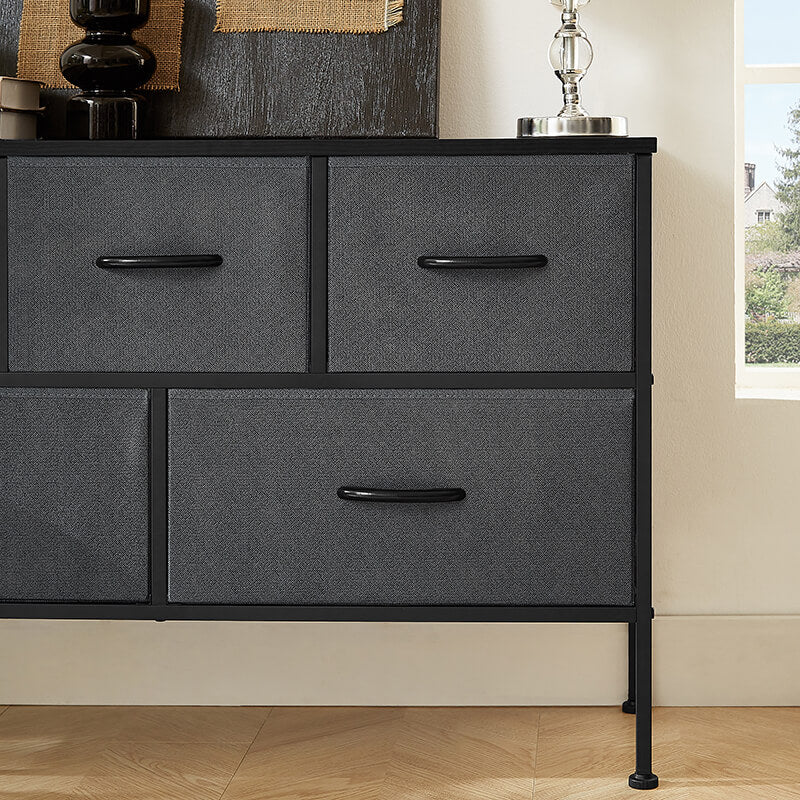 Sleek modern dark gray dresser with five spacious drawers, ideal for bedroom use.