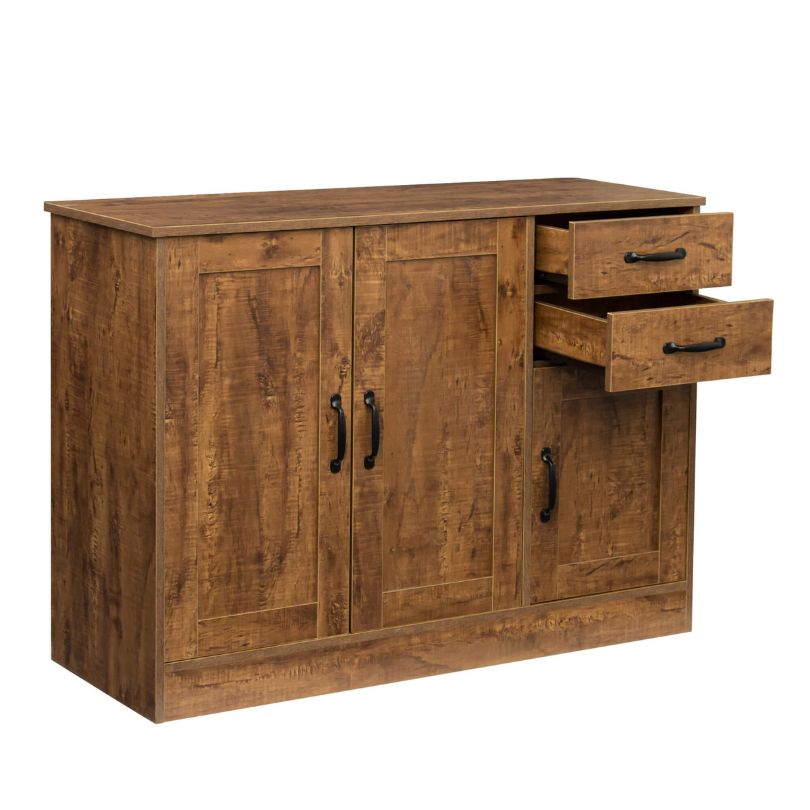 Front view of the elegant dark walnut entryway buffet showcasing three doors and two drawers.