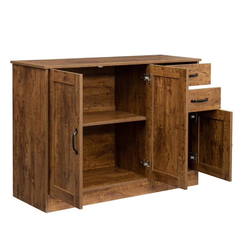 Front view of the elegant dark walnut entryway buffet showcasing three doors and two drawers.