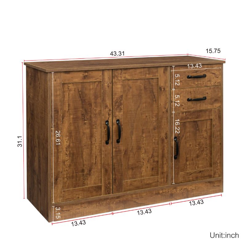 Front view of the elegant dark walnut entryway buffet showcasing three doors and two drawers.
