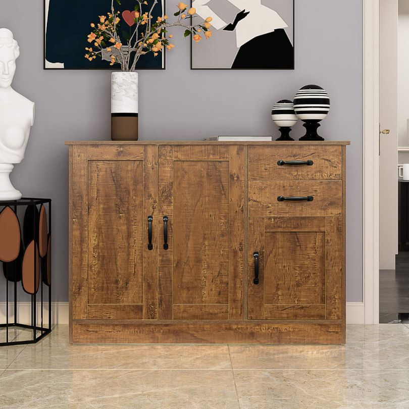 Front view of the elegant dark walnut entryway buffet showcasing three doors and two drawers.